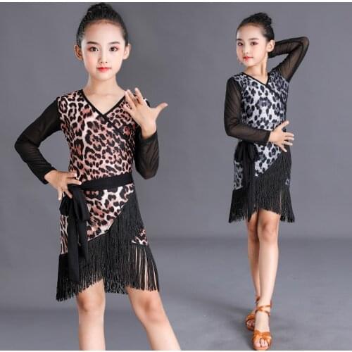 New Children Latin Dance Dress Long Sleeve Leopard Print Tassel Dress Girls Gymnastic Grading Competition Performance Wear