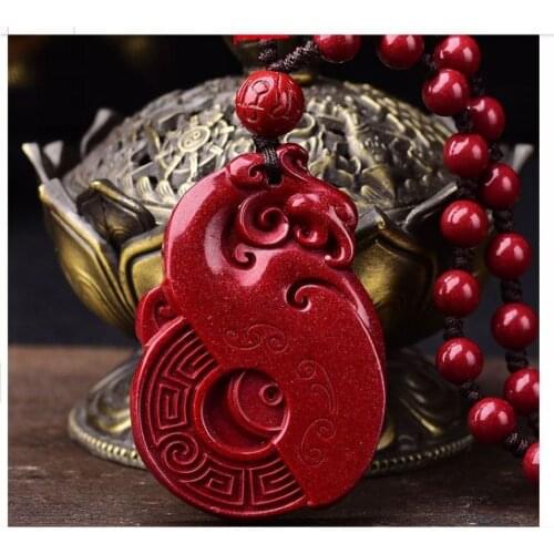 Ancient Style Dragon Pendant Amulet Maroon Original Zinnober Ore With Rosary Bead Hanging Necklace