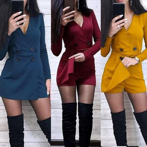 Chic Women Playsuits Solid Color Long Sleeve V Neck Double-breasted Short Playsuit Jumpsuit Womens Playsuits