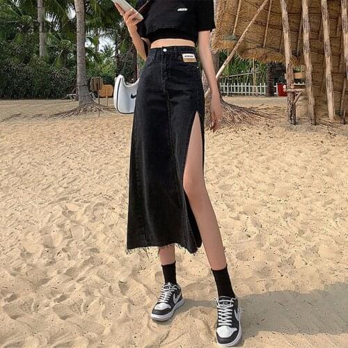 SLPBELY High Waist Split Denim Skirt Summer Retro A-Line Button Pockets Black Blue Long Straight Maxi Skirt Harajuku Plus Size