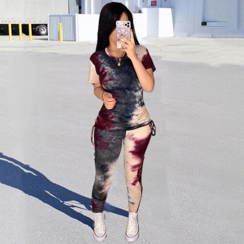 2021 Ins Internet Celebrity Famous 2 pcs Tracksuits Women Set Tie Dye Bandage O-neck Tops Long Pants Casual Outfits