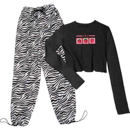 Women Cute Strawberry TShirt Cotton Long Sleeves Sexy Tight T-Shirt Girls Harajuku Stripe Pants Sets Casual Fashion Kawaii Tees