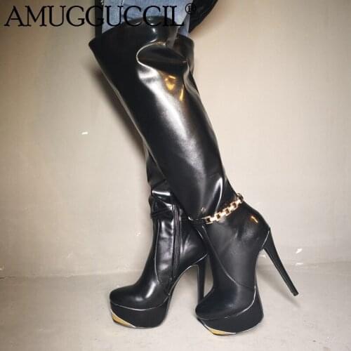 2020 New Plus Big Size 35-52 Black Zip Fashion Sexy Thigh High Heel Platform Over The Knee Autumn Winter Lady Women Boot X1871