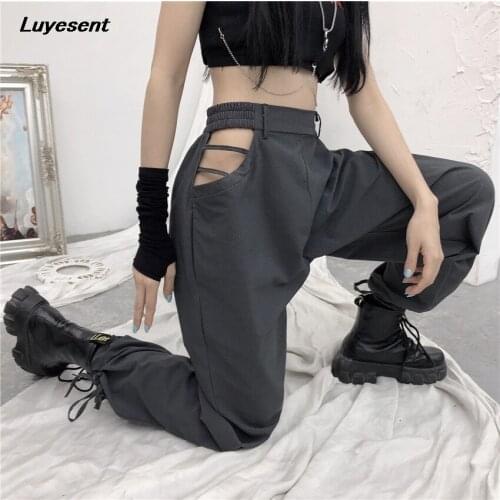 Dark Gray Lady Hollow Out Long Pants Summer High Waist Women Sexy Safari Style Pant Draw String Cargo Casual Street Trousers