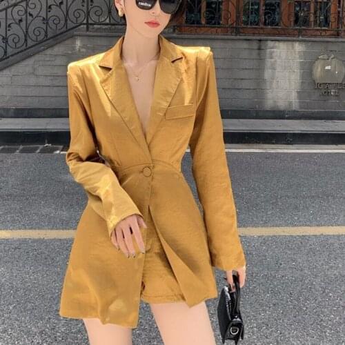 Spring Autumn Streetwear Satin Two Piece Set Women Long Sleeve Blazer Coat + High Waist Shorts Sets Fashion Casual Pant Suits