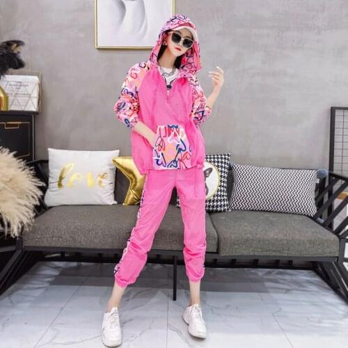 2021 Spring Autumn 2-piece Set Fashion Letter Heart Print Casual Outfit Ladies Hooded Thin Coat + Trousers Two-Piece Set Womens