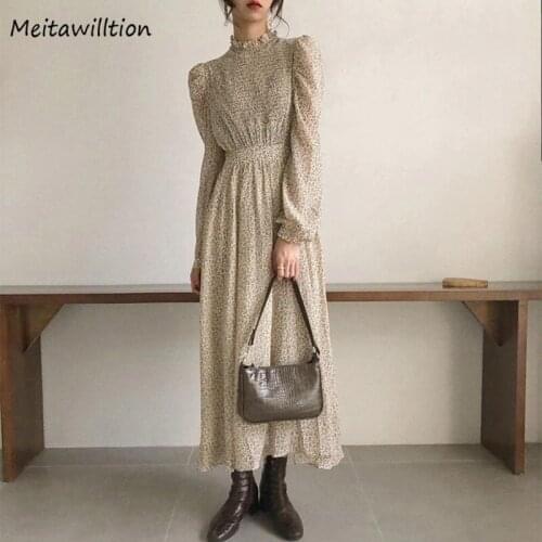 2020 Autumn Vintage Stand Collar Ruched Sleeve Women A Line Dress Ladie Elastic Waist Casual Dress Female Fashion Floral Dresses