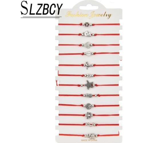 12 pcs/set Handmade Red Rope Adjustable Bracelets Set Unicorn Hamsa Hand Heart Tree of Life Charm Bracelet Women Fashion Jewelry