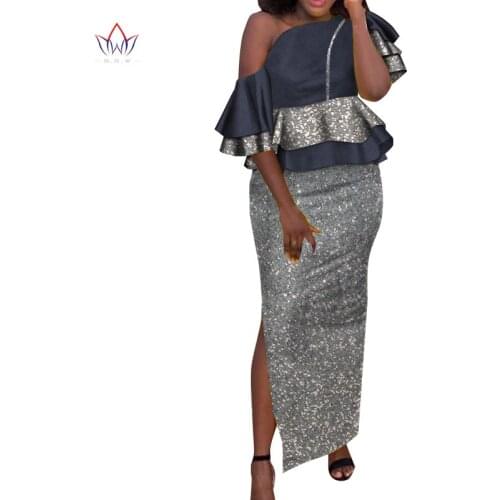 African Sequins Fabric Women Double Pendulum Top and Skirt Sets Bazin Riche African Clothing 2 Pieces Skirt Set CustomizeWY7952