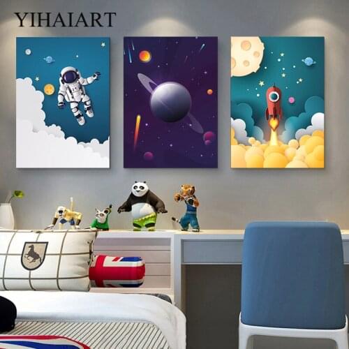 Astronaut SpaceShip Canvas Poster Nursery Quotes Wall Art Print Cartoon Painting Nordic Kids Decoration Pictures Baby Room Decor