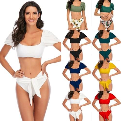 Puff Sleeve Bikini With Chest Padded European And American One-line Neck Swimsuit High Waist Strap Bikini Swimsuit Set