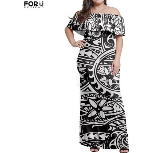 FORUDESIGNS Summer Women Off Shoulder Elegant Dress Polynesian Tattoo Hibiscus Printing Layered Ruffle Comfortable Lady Clothing