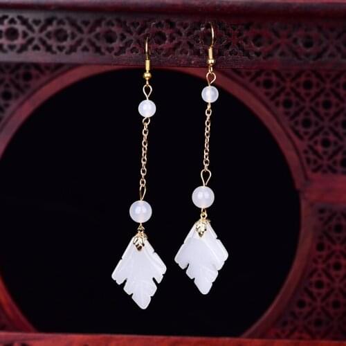 Geometric White Jade Round Glass Long Dangle Earrings For Women Vintage Fashion Ethnic Drop Earrings Female Wedding Boho Jewelry