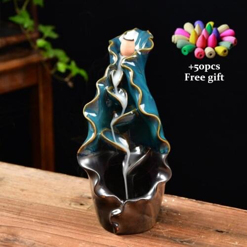 Ceramic Backflow Waterfall Smoke Incense Burner With 50PCS Cones Incense Mountain River Handicraft Incense Holder Home Decor