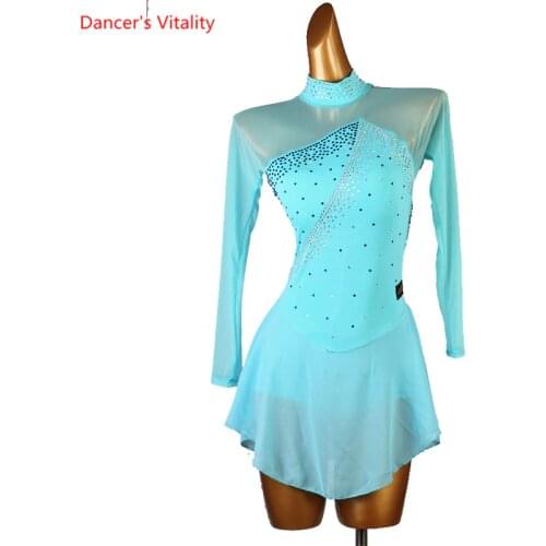 Latin Dance Female Adult Child Diamond Dress Practice Clothing High-end Custom Stand-up Collar Long Sleeve Performance Skirt