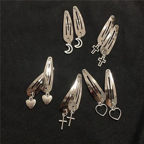 Personality Metal Dark Punk Goth Vintage Cross Heart Moon Hairpin Side Clip Bangs Clip BB Hair Clip For Egirl Women Accessories