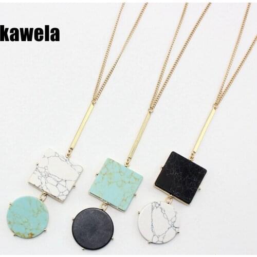 Fashion Square Round Marble Stone Long Pendant Necklace