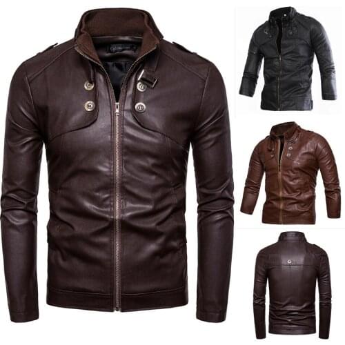 Leather Jacket Mens New Autumn Winter 2019 Button Decoration Motorcycle Stand Collar Wash Leather Coat for Men