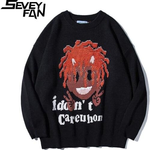 SEVEYFAN Mens Cartoon Boy Embroidery Sweater Hip Hop Oversize Knitwear Winter Cotton O Neck Pullover for Couples