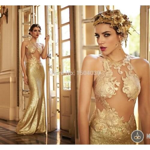 New Gold Sheer Neck Merimaid Evening Dress 2019 Long Sequined Elegant Formal Party Prom Dresses Gowns Vestido De Festa