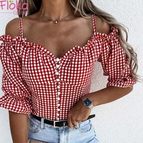 Flokocloset Sexy Off The Shoulder Spaghetti Straps Red Retro Plaid Shirt Streetwear Single Breasted Ruffles Blouse Tops