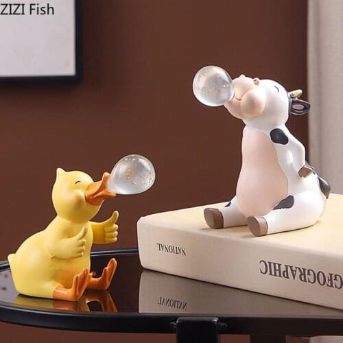 Blowing Bubbles Cartoon Animal Resin Figurines Desktop Decoration LED Light Pluggable Battery Ornaments Gifts for Children