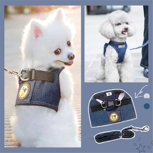 OIMG Small Dog Harness For Chihuahua Pomeranian Reflective Blue Denim Dog Leash and Collar Set Puppy Cat Pet Harness
