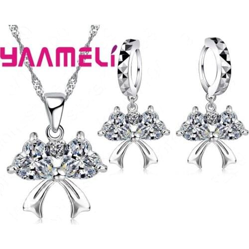 Romantic Shiny Butterfly Pendant Necklace Dangle Earring Fro Women Girls 925 Sterling Silver Crystal Jewelry Set Wholesale Hot