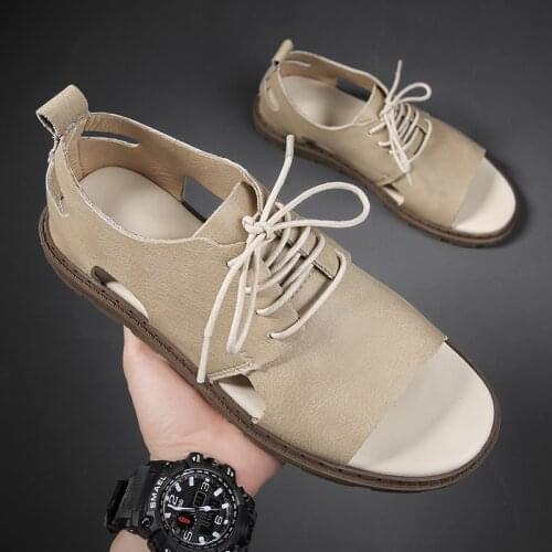 Summer Men Sandals Genuine Leather Beach Shoes Outdoor Mens Casual Lace-up Sandal Flat Cow Leather Male Black Sand Formal Shoes