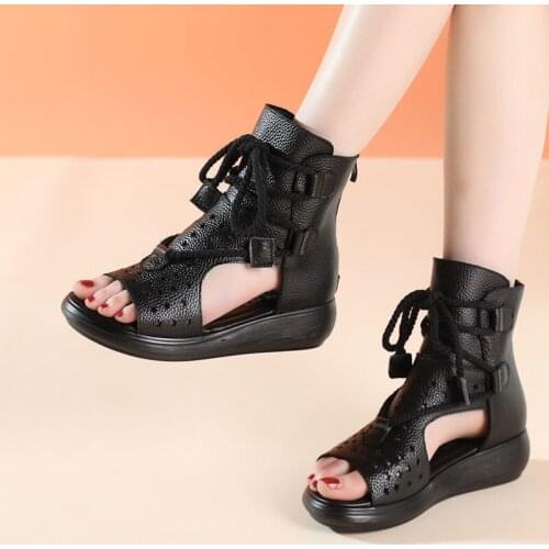 2021 Summer Genuine Leather Sandals Women Slope Heel Waterproof Roman Gladiator Sandals Fish Mouth Toe Hollow Sandalias De Mujer