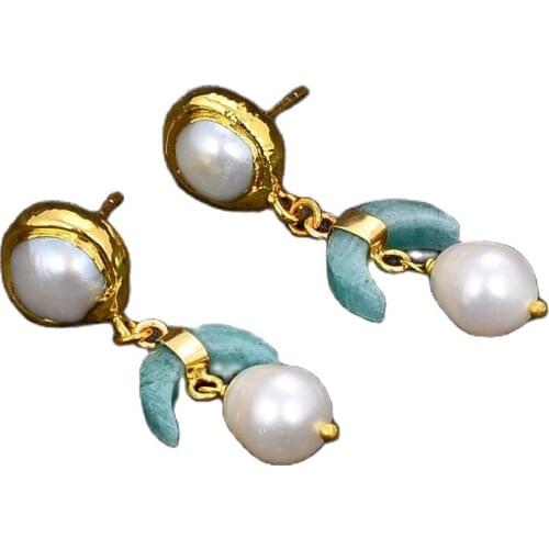 JK White Pearl Natural Green Amazonite Crescent Moon Stud Earrings