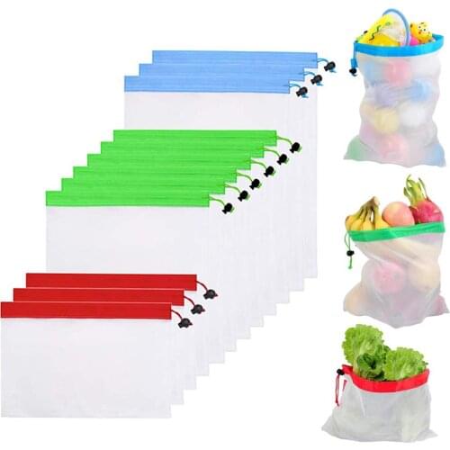 12pcs/lot Vegetable Drawstring Fruit Net Bag Reusable Storage Pouch Toys Nylon Rope Mesh Market Shopping Bags
