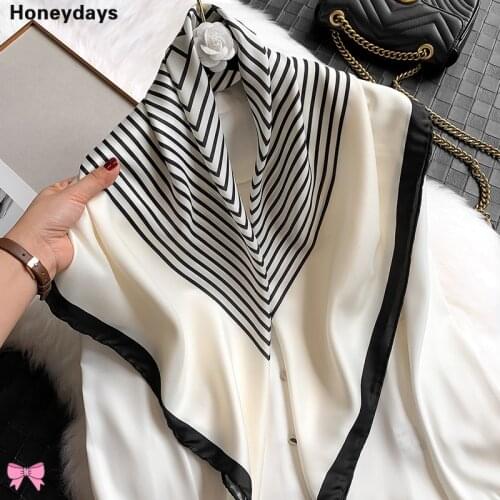 Korean Simple Geometric Striped Silk Scarf New 90CM Big Square Scarf Womens Handmade Curling Luxury Office Lady Dinner Shawl