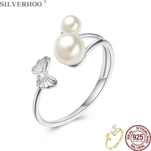 SILVERHOO 925 Sterling Silver Rings Gilded Adjustable Imitation Pearl Women Ring Anniversary Simple The New Listing Fine Jewelry