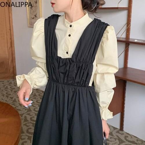 ONALIPPA Women Sets French Vintage Hepburn Style Stand-up Collar Single-Breasted Puff Sleeve Shirt Pleated Big Swing Vest Dress