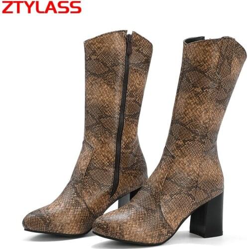 2021 New Autumn Winter Snake Print Women Boots Fashion Zipper Thick High Heel Mid Calf Boots Ladies Pointed Toe Shoes
