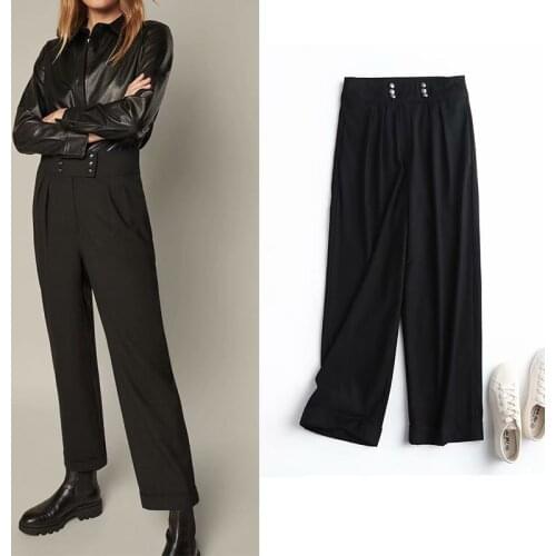 Women Pants Za Fashion 2021 High Waist Chic Black Office Lady Trousers Thick Wide Leg Button Mujer Pants