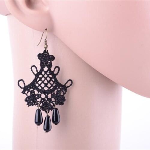 Women Drop Earrings Big Pearl Tassel Black Lace Earring Female Gothic Long Dangle Statement Jewelry Halloween Gift