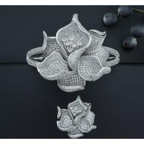 ModemAngel Flower Boom Fashion Full Micro Paved Cubic Zircon Women Engagement Wedding Ceremony Bracelets Bangles Ring