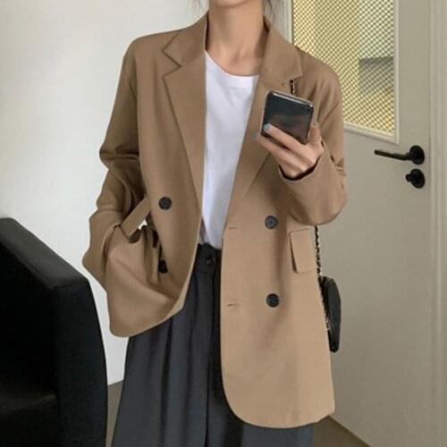 Simple Formal Women Loose Classic Double Breasted Lapel Long Sleeve Thin Blazer Cardigan Suit Coat for Daily Office Lady Work