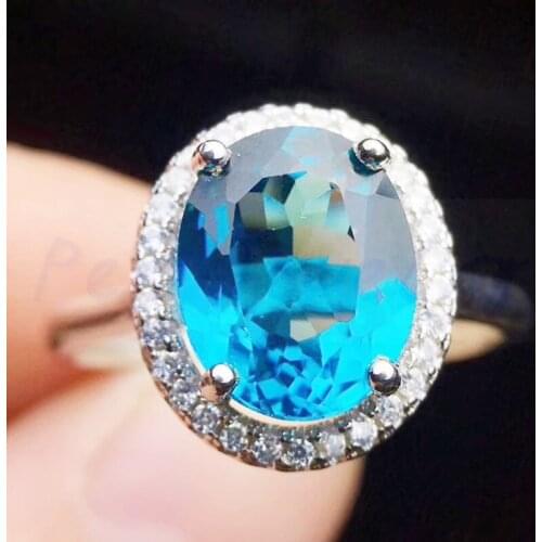 Per jewelry Natural real blue topaz ring Free shipping 925 sterling silver ring Fine jewelry 8*10mm 3.5ct gemstone S8061903