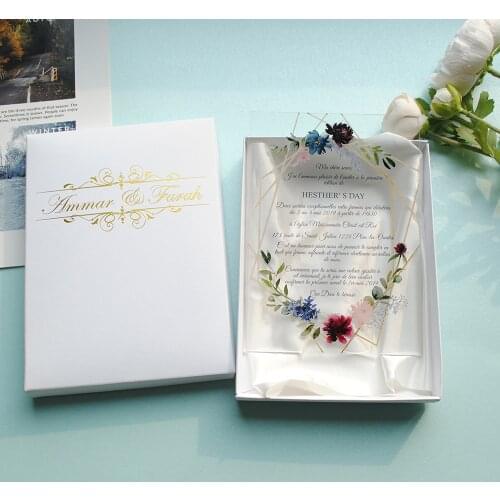 Free custom colorful printing acrylic card wedding invitation card Transparent gold leaves