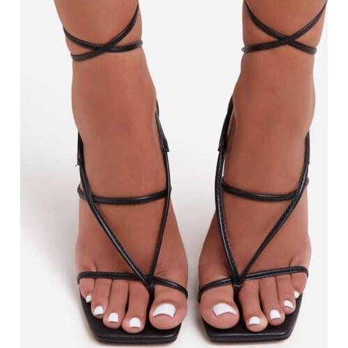 2021 Women gladiator sandals square toe high heels sandals summer party dress shoes cross strap lace-up ladies shoes red 35-42