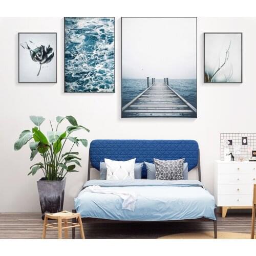 Blue Landscape Ocean Waves Branches Flowers Abstract Wall Art Canvas Painting Poster and Prints Picture for Living Room Decor