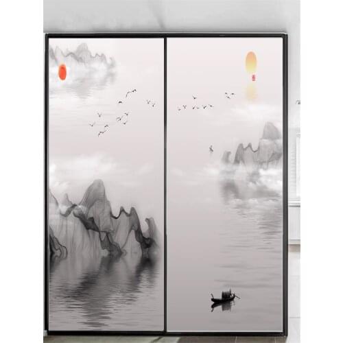 Privacy Window Film Static Cling No Glue Decorative Ink Painting Style Window Treatments Window Coverings Glass Sticker for Home