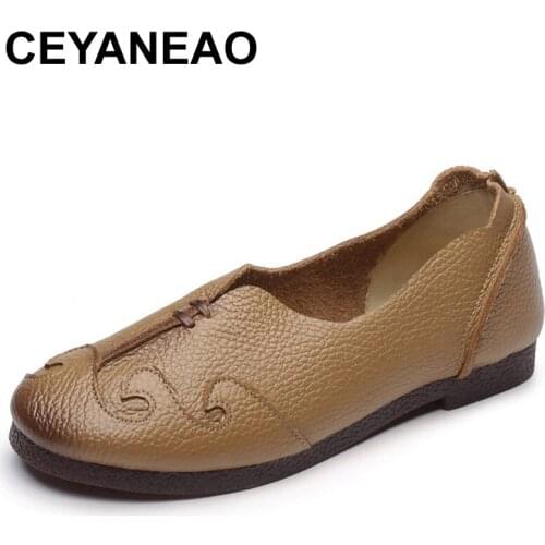 CEYANEAOShoes Woman 2019Fashion Vintage Women Flat Shoes Soft Shallow Genuine Leather Slip On Flats Women Moccasins LoafersE1550