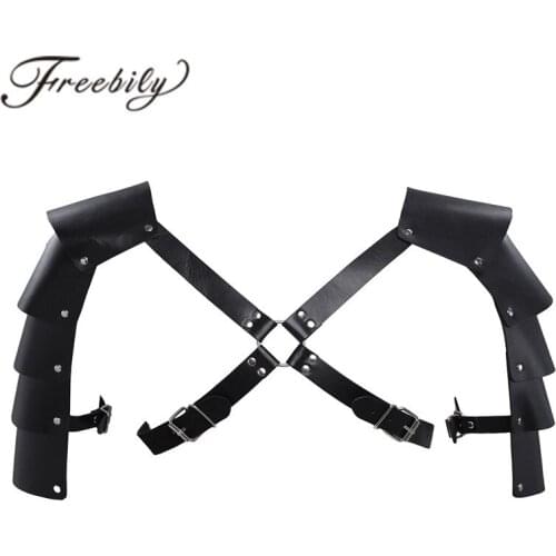 Black Faux Leather Adjustable Men Lingerie Body Chest Harness Bondage Costume with Shoulder Armors Buckles For Nightclub