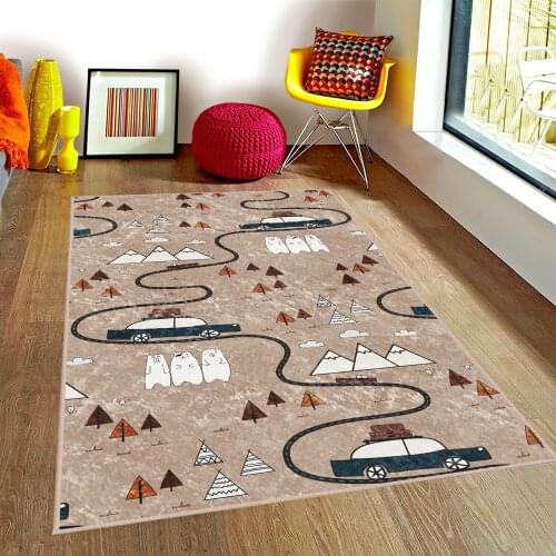Kahverengi Çocuk Odası Halısı araba yol ağaç çağır dağ hayvan kar bulut gökyüzü kahverengi halı