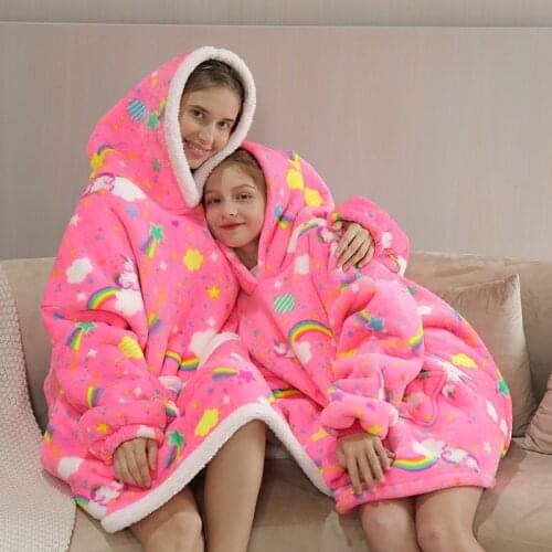 Oversized family matching home clothes plush fleece Sherpa blanket Kigurumi unicorn girls home pajamas sweater