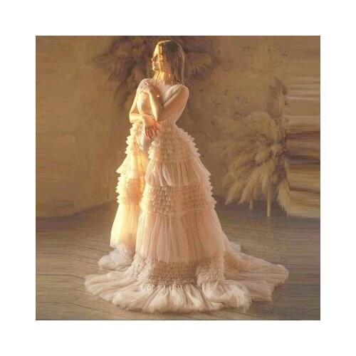 Elegant Pleated Tulle Maternity Robes Long Ruffles Bridal Tulle Pregnancy Dressing Gowns Plus Size For Photography Long Gown